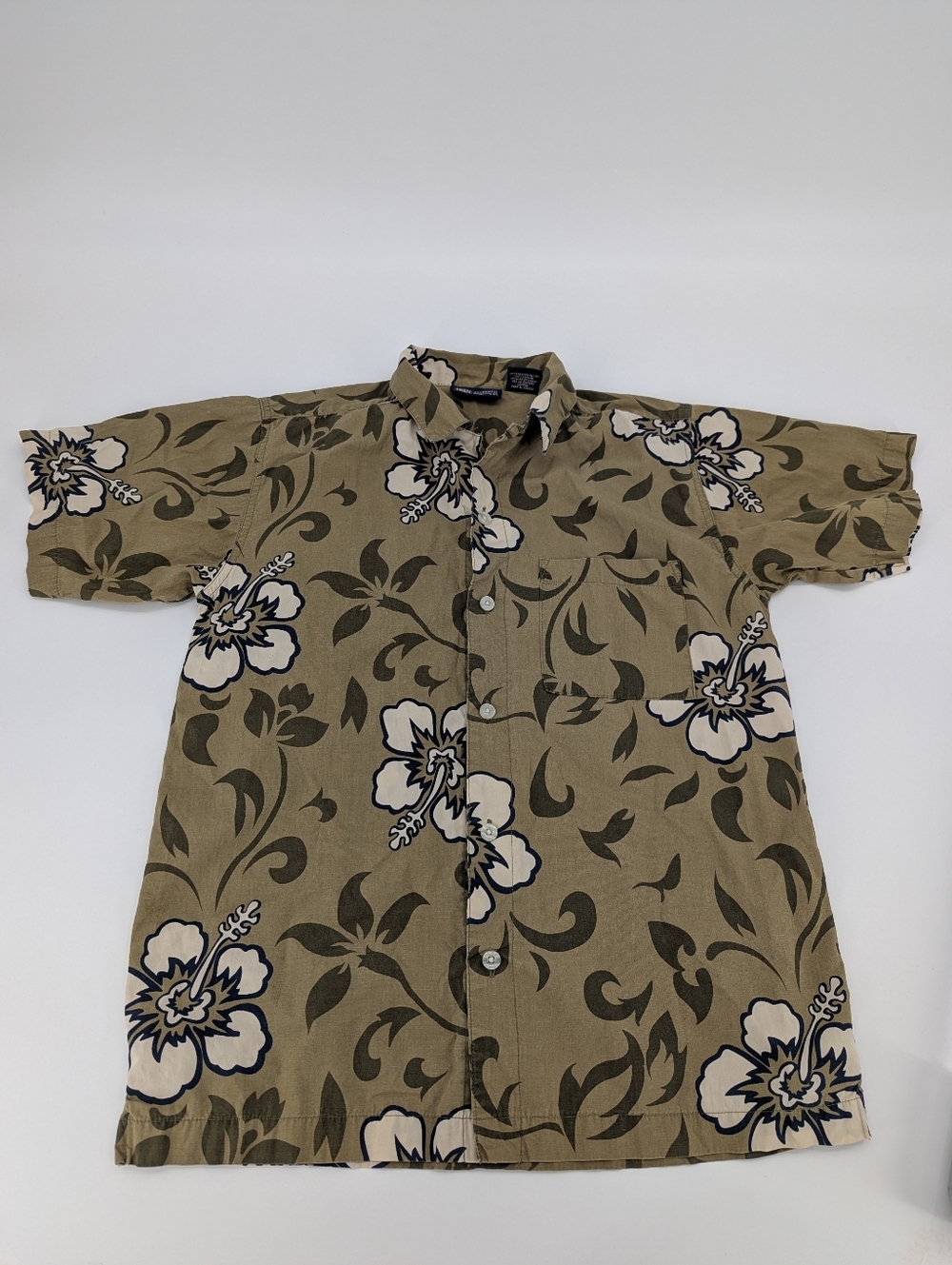 Faded Glory Hibiscus Aloha Shirt Olive Green Floral Hawaiian Beach Boys XL 16/18